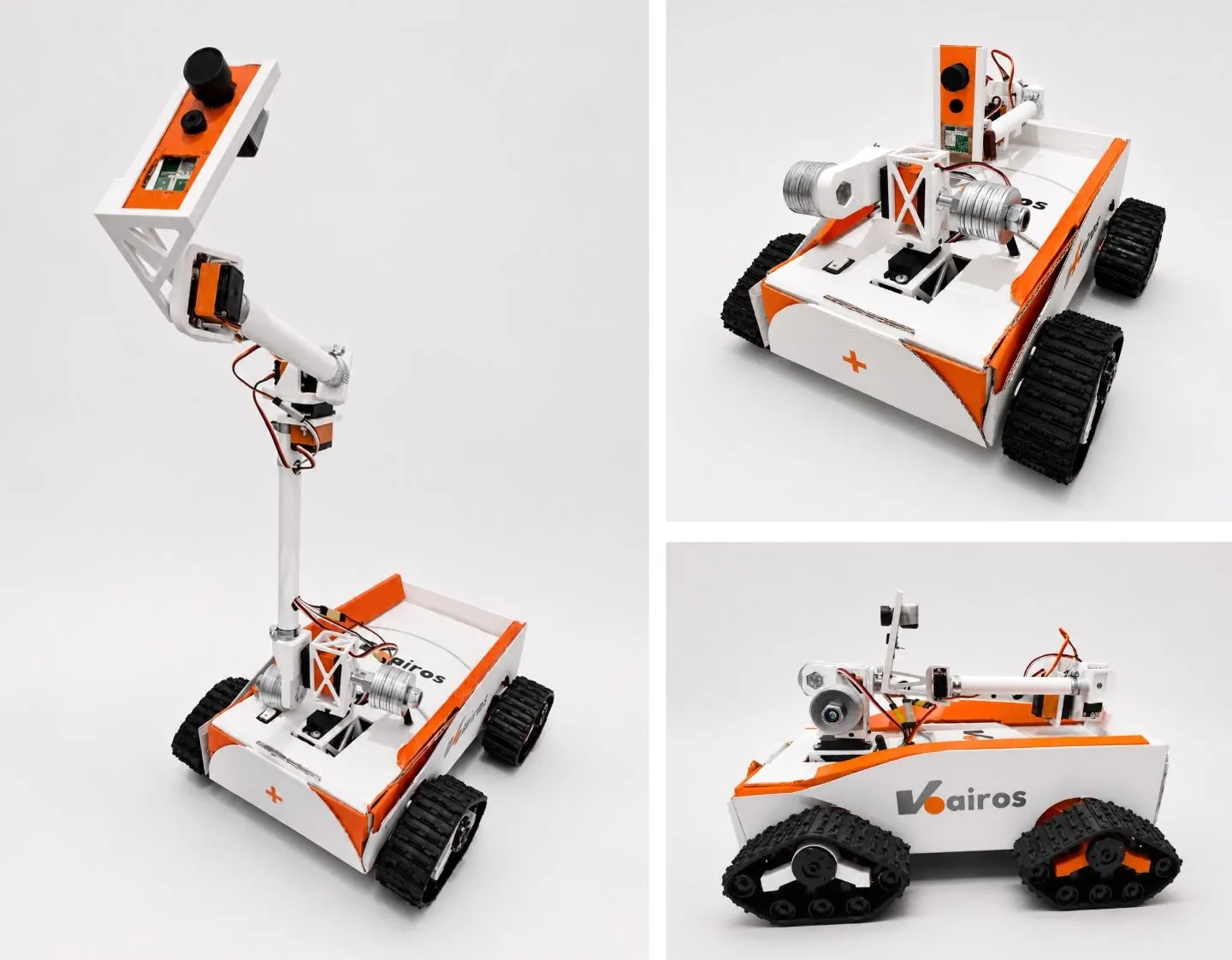 The Kairos robot from three angles, its camera arm raised and folded