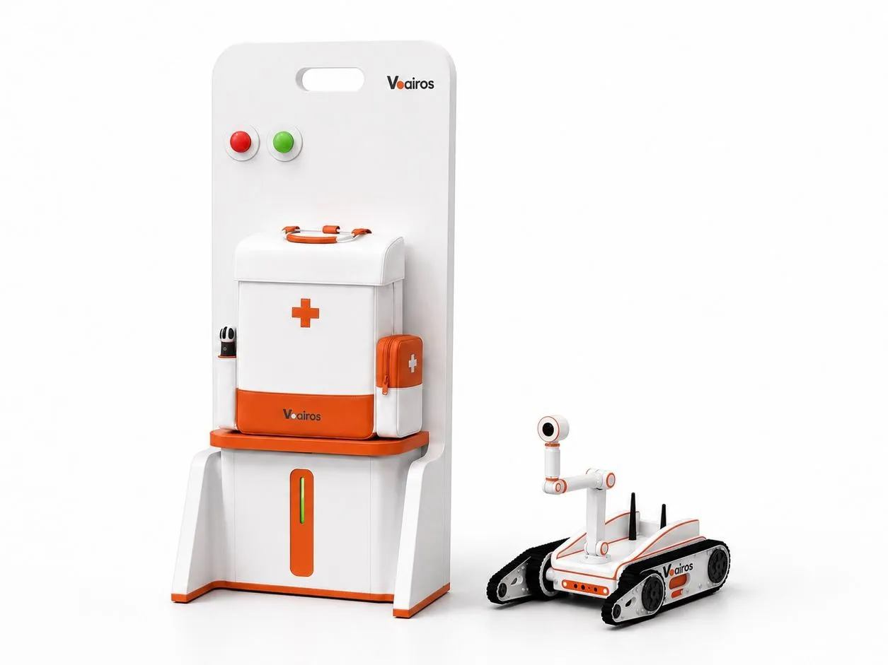 A render of the medical kit station beside the tracked robot